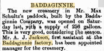 Albert Jackson appointed Creamery Manager Baddaginnie 1902 Benalla Standard from Trove