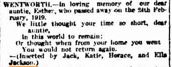 Esther Wentworth White The Argus death notices 21 Feb 1920