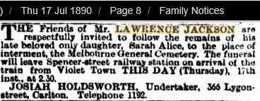 Sarah Jackson death notice The Age 1890 from Trove