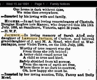 Sarah Jackson death notice The Age 1891